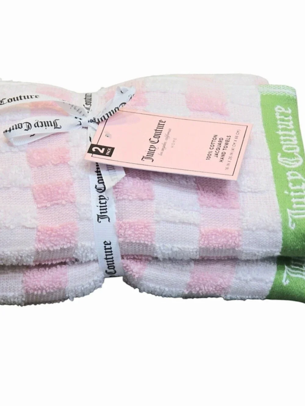 Juicy Couture Home Pink, White & Green Check Logo Cotton Jacquard Hand Towels
